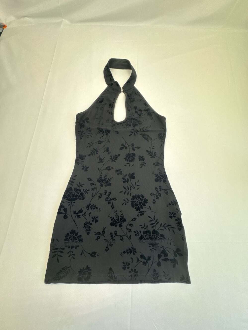 New Pink Black Floral Burnout Velvet Halter Mini Dress